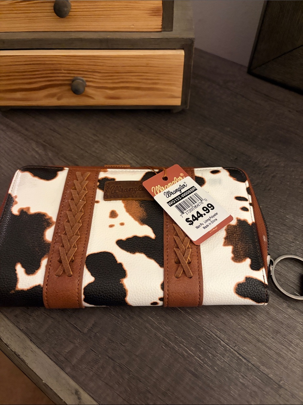 Wrangler Brown & White Cowhide-Pattern Zip Wallet with Braided Trim